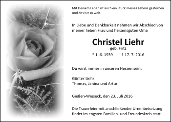 Traueranzeige von Christel Liehr von Gießener Allgemeine, Alsfelder Allgemeine