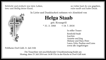 Traueranzeige von Helga Staab von Licher Wochenblatt, Licher Wochenblatt, Licher Wochenblatt