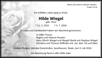 Traueranzeige von Hilde Wiegel von Gießener Allgemeine, Alsfelder Allgemeine
