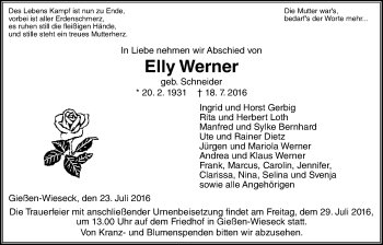 Traueranzeige von Elly Werner von Gießener Allgemeine, Alsfelder Allgemeine