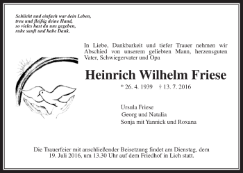 Traueranzeige von Heinrich Wilhelm Friese von Gießener Allgemeine, Alsfelder Allgemeine