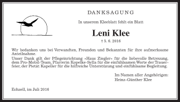 Traueranzeige von Leni Klee von Wetterauer Zeitung, Wetterauer Zeitung