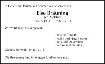 Traueranzeige von Else Bräuning von Gießener Allgemeine, Alsfelder Allgemeine