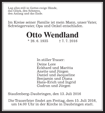 Traueranzeige von Otto Wendland von Gießener Allgemeine, Alsfelder Allgemeine