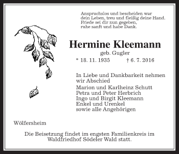 Traueranzeige von Hermine Kleemann von Wetterauer Zeitung, Wetterauer Zeitung