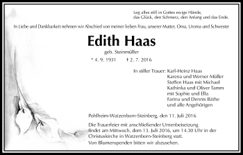 Traueranzeige von Edith Haas von Gießener Allgemeine, Alsfelder Allgemeine