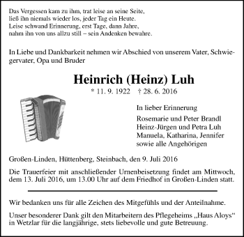 Traueranzeige von Heinrich  Luh von Gießener Allgemeine, Alsfelder Allgemeine