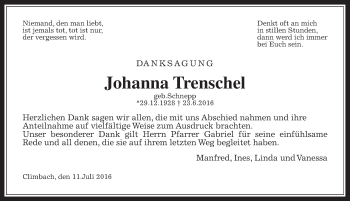 Traueranzeige von Johanna Trenschel von Gießener Allgemeine, Alsfelder Allgemeine