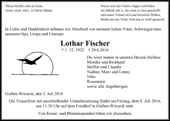 Traueranzeige von Lothar Fischer von Gießener Allgemeine, Alsfelder Allgemeine