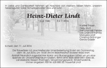 Traueranzeige von Heinz-Dieter Lindt von Wetterauer Zeitung, Wetterauer Zeitung