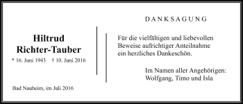 Traueranzeige von Hiltrud Richter-Tauber von Wetterauer Zeitung, Wetterauer Zeitung