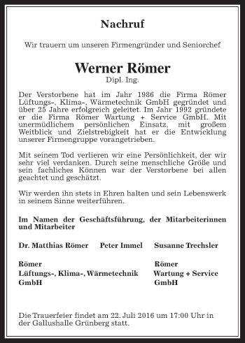 Traueranzeige von Werner Römer von Gießener Allgemeine, Alsfelder Allgemeine