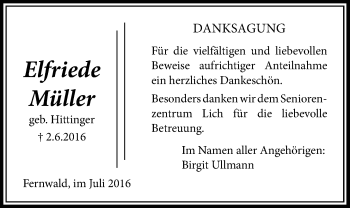 Traueranzeige von Elfriede Müller von Licher Wochenblatt, Licher Wochenblatt, Licher Wochenblatt