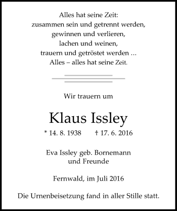 Traueranzeige von Klaus Issley von Gießener Allgemeine, Alsfelder Allgemeine