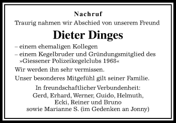 Traueranzeige von Dieter Dinges von Gießener Allgemeine, Alsfelder Allgemeine