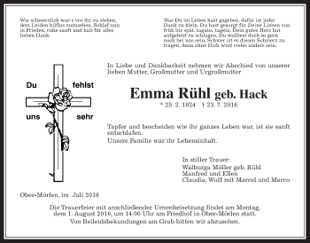 Traueranzeige von Emma Rühl von Wetterauer Zeitung, Wetterauer Zeitung