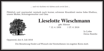 Traueranzeige von Lieselotte Wieschmann von Gießener Allgemeine, Alsfelder Allgemeine