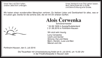 Traueranzeige von Alois Cerwenka von Gießener Allgemeine, Alsfelder Allgemeine
