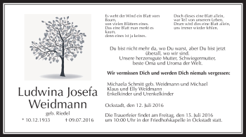 Traueranzeige von Ludwina Josefa Weidmann von Wetterauer Zeitung, Wetterauer Zeitung