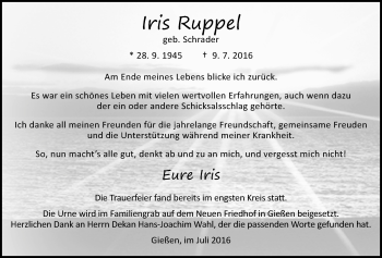 Traueranzeige von Iris Ruppel von Gießener Allgemeine, Alsfelder Allgemeine