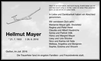 Traueranzeige von Hellmut Mayer von Gießener Allgemeine, Alsfelder Allgemeine