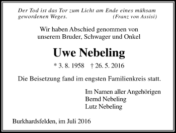 Traueranzeige von Uwe Nebeling von Gießener Allgemeine, Alsfelder Allgemeine