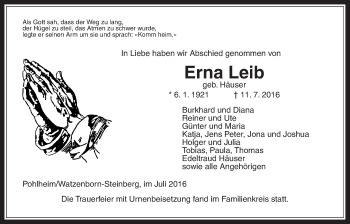 Traueranzeige von Erna Leib von Gießener Allgemeine, Alsfelder Allgemeine