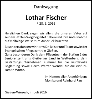 Traueranzeige von Lothar Fischer von Gießener Allgemeine, Alsfelder Allgemeine