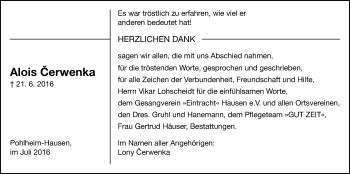 Traueranzeige von Alois Cerwenka von Gießener Allgemeine, Alsfelder Allgemeine