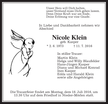 Traueranzeige von Nicole Klein von Gießener Allgemeine, Alsfelder Allgemeine, Wetterauer Zeitung, Wetterauer Zeitung
