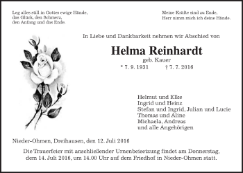 Traueranzeige von Helma Reinhardt von Alsfelder Allgemeine
