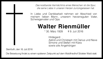 Traueranzeige von Walter Rienmüller von Wetterauer Zeitung, Wetterauer Zeitung