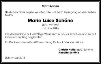 Traueranzeige von Marie Luise Schöne von Licher Wochenblatt, Licher Wochenblatt, Licher Wochenblatt
