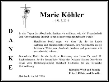 Traueranzeige von Marie Köhler von Alsfelder Allgemeine