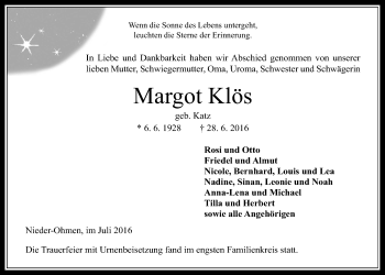 Traueranzeige von Margot Klös von Alsfelder Allgemeine
