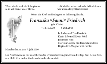 Traueranzeige von Franziska Friedrich von Licher Wochenblatt, Licher Wochenblatt, Licher Wochenblatt