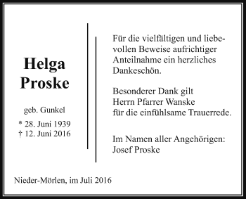 Traueranzeige von Helga Proske von Wetterauer Zeitung, Wetterauer Zeitung