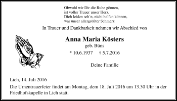 Traueranzeige von Anna Maria Kösters von Licher Wochenblatt, Licher Wochenblatt, Licher Wochenblatt