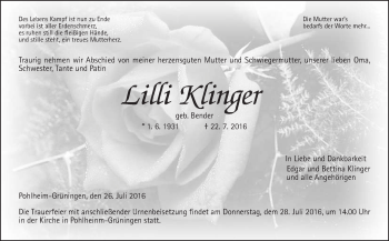 Traueranzeige von Lilli Klinger von Gießener Allgemeine, Alsfelder Allgemeine