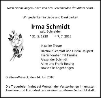 Traueranzeige von Irma Schmidt von Gießener Allgemeine, Alsfelder Allgemeine