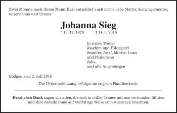 Traueranzeige von Johanna Sieg von Gießener Allgemeine, Alsfelder Allgemeine