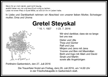 Traueranzeige von Gretel Steyskal von Gießener Allgemeine, Alsfelder Allgemeine