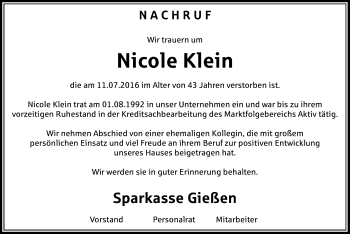 Traueranzeige von Nicole Klein von Gießener Allgemeine, Alsfelder Allgemeine, Wetterauer Zeitung, Wetterauer Zeitung