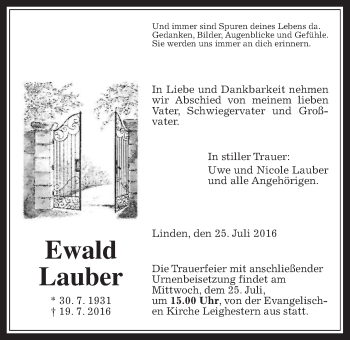 Traueranzeige von Ewald Lauber von Gießener Allgemeine, Alsfelder Allgemeine