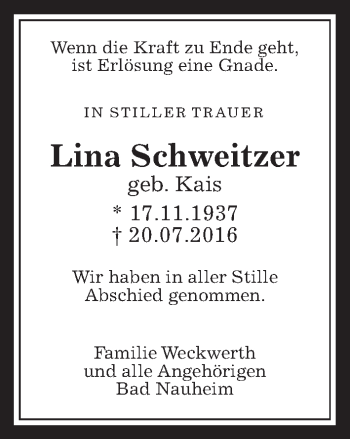 Traueranzeige von Lina Schweitzer von Wetterauer Zeitung, Wetterauer Zeitung