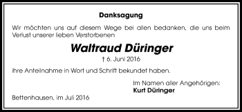 Traueranzeige von Waltraud Düringer von Licher Wochenblatt, Licher Wochenblatt, Licher Wochenblatt