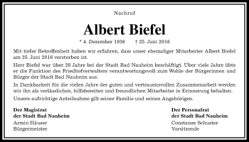 Traueranzeige von Albert Biefel von Wetterauer Zeitung, Wetterauer Zeitung
