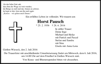 Traueranzeige von Horst Pausch von Gießener Allgemeine, Alsfelder Allgemeine