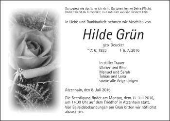 Traueranzeige von Hilde Grün von Alsfelder Allgemeine