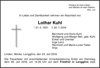 Traueranzeige von Lothar Kuhl von Gießener Allgemeine, Alsfelder Allgemeine